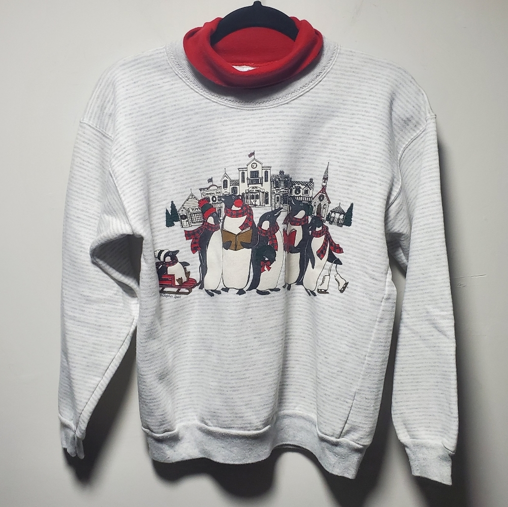 Vintage Ugly Christmas Sweatshirt Size Medium Petite Penguins Holiday Turtleneck